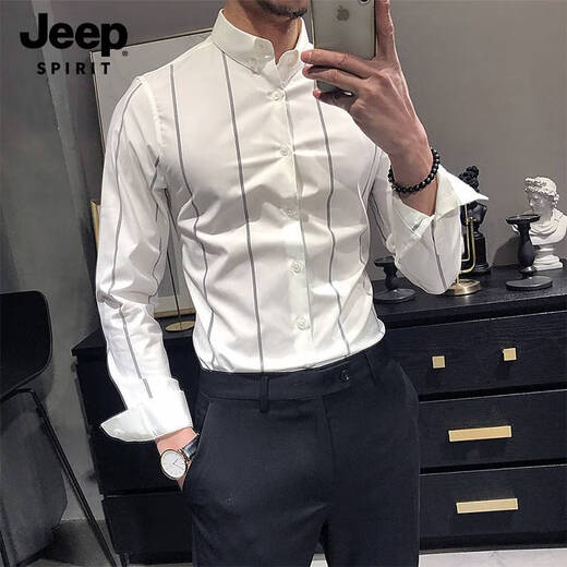 JEEP SPIRIT spring slim shirt men's new style anti-wrinkle long-sleeved striped casual white shirt business formal CS70 striped white long-sleeved M (100-115Jin Jin equals 0.5 kg)