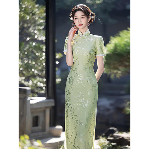 The new Chinese style girl with the European (YIOU) green cheongsam temperament, the new summer college entrance examination, the young and small person 9716 yellow cheongsam XL