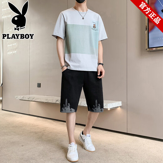 Playboy brand men's short-sleeved T-shirt in summer new trendy round neck ice silk fashion sports suit loose versatile shorts 22022+2099 black M