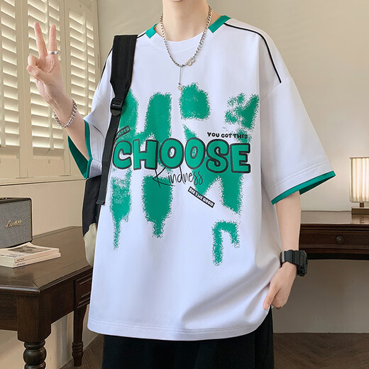 COLORFUL GEMS美式复古假两件恤男青少年字母印花叠穿体恤 695黑色 M 约85-110斤可穿