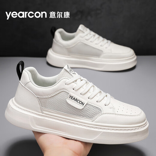 意尔康男鞋休闲板鞋男增高网孔透气不累脚舒适运动鞋软底耐磨百搭小白鞋 米白/黑4884 39