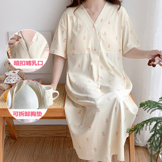 Ou Luxi's summer breastfeeding nightgown short-sleeved maternity confinement suit with chest pads large size pregnant women pajamas long hospitality delivery skirt feeding clothes SSY16803 3XL size recommended weight 148-170Jin [Jin equals 0.5 kg]