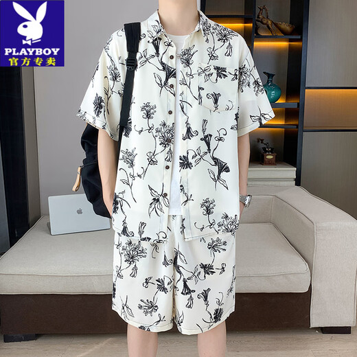 Playboy ice silk short-sleeved shirt suit men's summer casual cool quick-drying floral shirt with beach shorts two-piece set 679 meters white suit XL 125-140Jin [Jin equals 0.5 kg]
