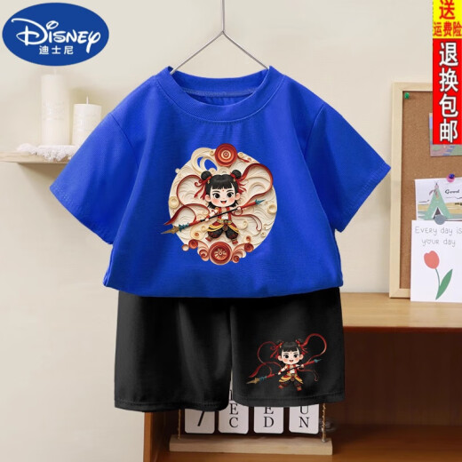 迪士尼（DISNEY）哪吒之魔童闹海男童女童纯棉短袖2025夏季新款儿童短裤套装两件套 1092#后包T酒红+小1098#黑短裤 90