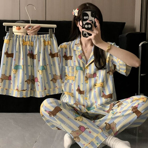 另约带胸垫一体睡衣女款夏季云朵棉短袖2025新款卡通腊肠狗大码三件套 H9929 眼镜狗 没有胸垫 M