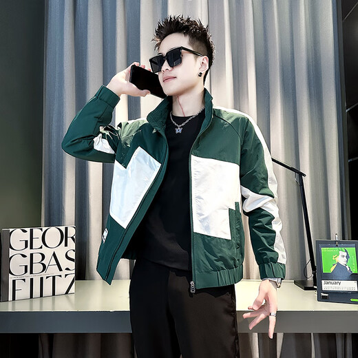Jason's Jacket Men's Autumn and Winter Cotton Thickened 2025 New Trendy Versatile Tops Men's Color Blocked Autumn Clothes J209 Green (Regular Class) L (110-130Jin Jin equals 0.5 kg)