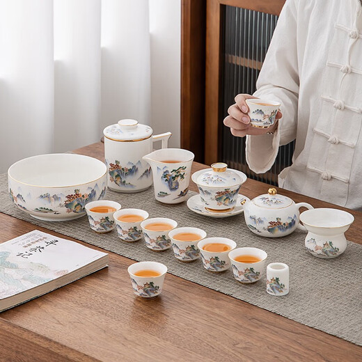 Large gold inlaid jade mutton fat jade porcelain tea set complete set of white porcelain Kung Fu tea set gift box Shanshui Qingyin