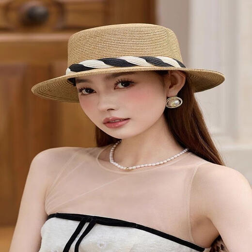 Handu Yishe HSTYLE Handu Yishe Spring and Summer French Flat Top Straw Hat Girl Elegant Top Hat Sun Hat Wide Essential Seaside Vacation Hat Khaki
