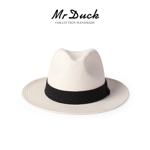 MR DUCK2025 Neues Produkt, leichte und atmungsaktive Panama-Hut, Männer und Frauen, handgepflegtes Baumwoll- und Leinenplaid-Gurtband, Sonnenschutz-Strohhalm MS56328-IVORY BEIGE/COUTWOLLE UND Leinenplaid-Gurtband (57-58cm)