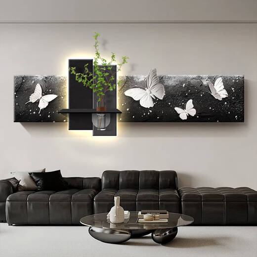 咏幻黑白格调客厅装饰画水培花瓶绿植发光灯画感沙发背景墙挂画 277620 千蝶赴卉 18060LED灯画带充电宝+遥控+声