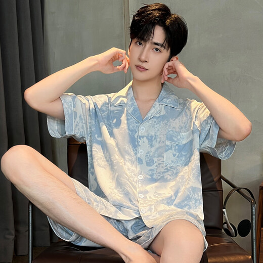 Yalu Bingsi Pajamas Men's 2025 New Summer Short Sleeve Shorts Thin Teenagers Summer Men's Home Suit (sje)804# [Double Short] XL Size Recommended Weight 12014c