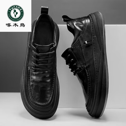 Woodpecker Leather 2025 New Spring Business Casual Leather Shoes New Trendy Versatile Thick Sole Non-Slip British Style Shoes Black 42