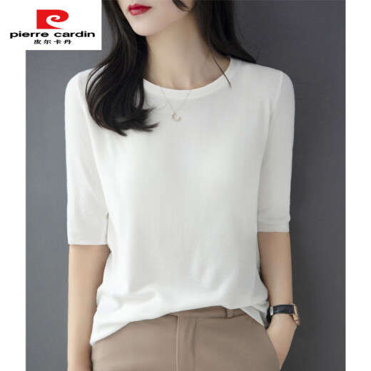 皮尔卡丹（pierre cardin）薄款一字夏季款圆领百搭宽松打底法式针织上衣针织衫五分中袖修身 黑色 854#中袖 针织衫 S 80-100斤穿