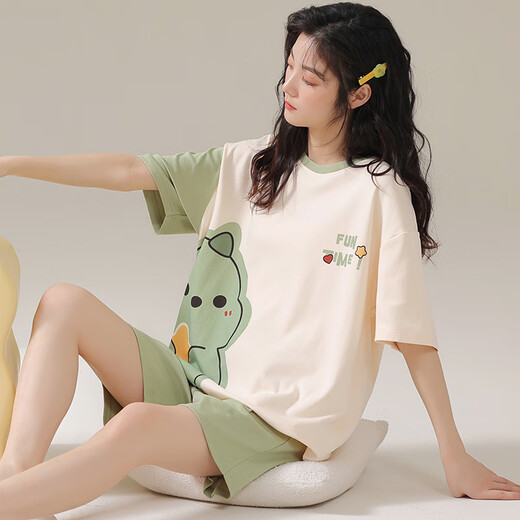 Jingpufei Summer Women's Women's Corean Style Cartoon Cartoon Thin Pajamas Home Двухчастотный костюм можно носить за пределами Гуанчжоу Thirteen Lines 679 Зеленый динозавр 190 3XL Код [рекомендуется 150-172JIN [JIN равно 0,5 кг]]]]