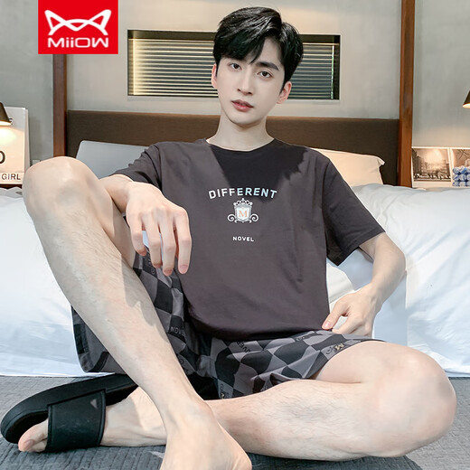 猫人 MIIOW睡衣男夏季纯棉薄款短袖短裤可外穿休闲男士加大码凉感家居服套装 9922# L 【建议100-120斤】