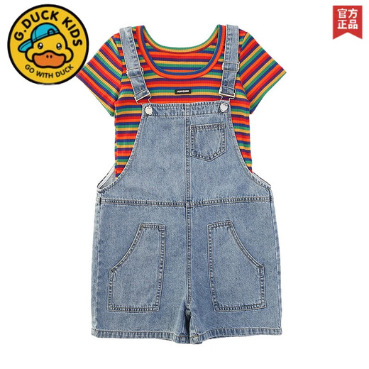 G. DUCKKIDS女童套装夏装洋气儿童大童短袖牛仔背带裤女孩韩版夏季薄款两件套 彩虹T恤+牛仔背带短裤 套装 170 cm