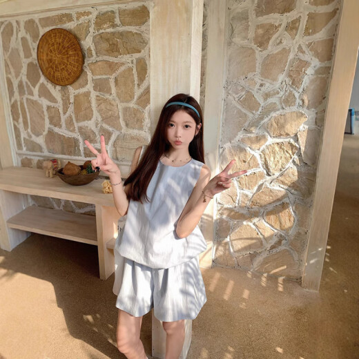 京濮飞多巴胺少女感两件套无袖背心阔腿短裤显瘦纯色T恤 9719海盐蓝上衣 XL