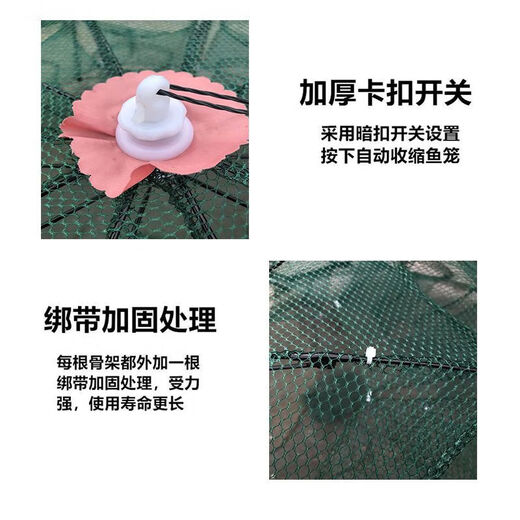 Green Tunan foldable retractable fish net, fish and shrimp cage, lobster fishing net artifact, 8 sides and 8 holes (10 baits + accessories)
