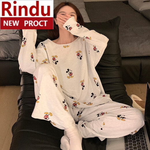 Rindu2025 neuer langärmeliger Pyjama für Frauen im Frühling und Herbst Großgröße süßer studentischer Cartoon Rundes Hals kann außerhalb von Heimkleidung getragen werden 16818# Wave Dog M.
