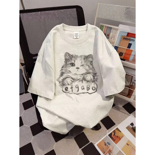 Bunte Edelsteine ​​schwere runde Hals weiße Katze gedrucktes kurzärmeliges Hemd für Männer und Frauen Sommer Trendy American Ehepaar Loose Fünf-Punkte-Hülle Top 1416 White Grey L.