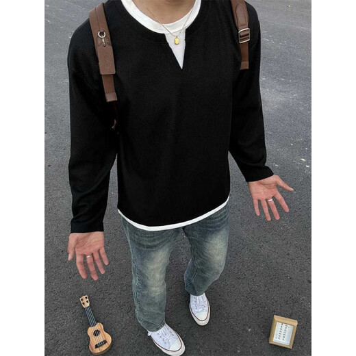 S.SOFEA niche fake two-piece collar long-sleeved shirt men's spring and autumn waffle base sweatshirt basic heavy henley shirt black XL 130-160Jin Jin equals 0.5 kg