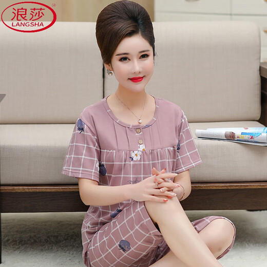 浪莎（LangSha）中年妈妈睡衣女夏季棉短袖七分裤加肥加大码家居服中老年人套装 t3937 3XL (155-185斤)