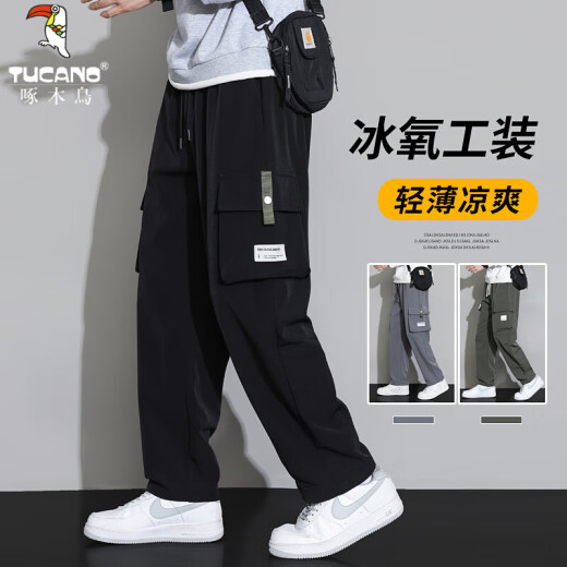 啄木鸟冰丝工装裤男士2025新款青年男裤夏季薄款宽松直筒休闲裤子男款 9930灰色 薄款 8XL 【建议280-300斤穿】