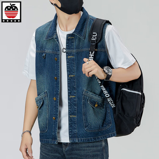 Aemape Apple Light Color 2025 Nuevo chaleco de mezclilla hombres sueltos de gran tamaño retro Horse Clip Workwear Chaqueta de marca moderna Men 6231# Retro Blue L (sugerido 130-145Jin [Jin equivale a 0.5 kg])