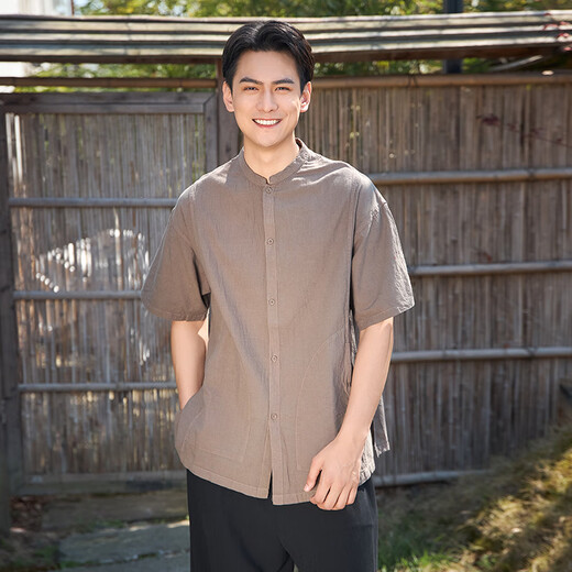 照本堂新款男士短袖衬衫透气原创国风休闲上衣M1048 田螺 L （180/100A）