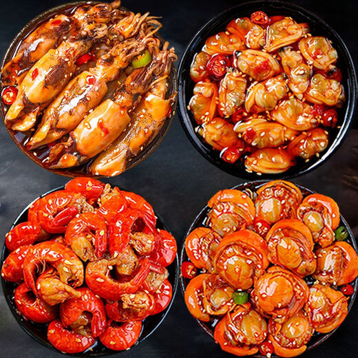 Canned seafood snacks, satisfying snacks, delicious instant meal replacements for meals and drinks, delicious and ready-to-eat seafood (shrimp tails + scallops + sea hares + clams)