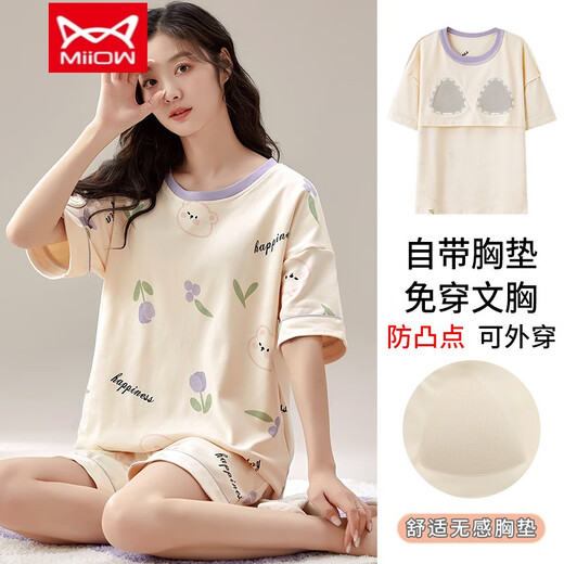 Catman (MiiOW) pajamas with chest pad for women in summer pure cotton short sleeve shorts in summer breast covering and anti-convex dots and no wear underwear home clothing set 1047 with chest pad M [Suggested 80-105Jin [Jin equals 0.5 kg]]