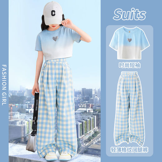 优优1点（Yoyo one）女童夏季套装2025年新款洋气时髦儿童短袖中大童多巴胺夏装两件套 18848白色+15266蓝色 170 170cm