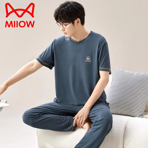 猫人（MiiOW）莫代尔男士睡衣夏季套装薄款长裤冰蚕丝凉感可外穿大码家居服 6624【莫代尔】 3XL 【建议160-180斤内】