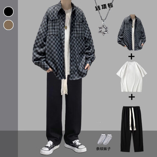 Rongxitu khaki veste en damier chemise beau set de cinq pièces pour hommes de la carte de style nouveau et automne 684 + manches courtes blanches + pantalon de corde gris + collier + chaussettes S La qualité est plus élevée que celle des pairs