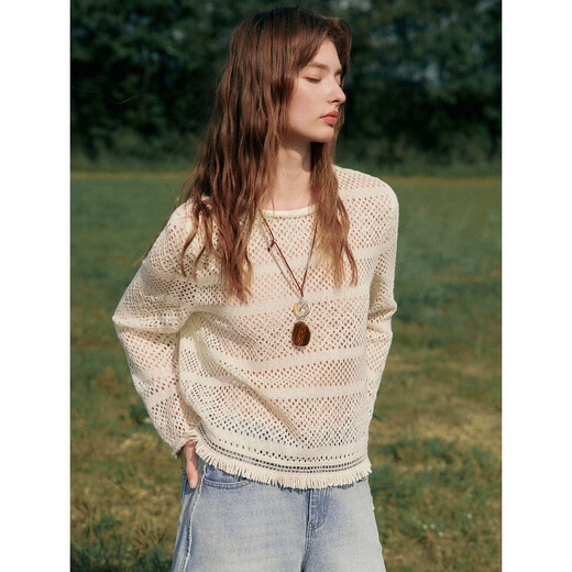 ELLE Cream Venus French fringed round neck casual shirt for women 2026 summer new hollow blouse off-white S