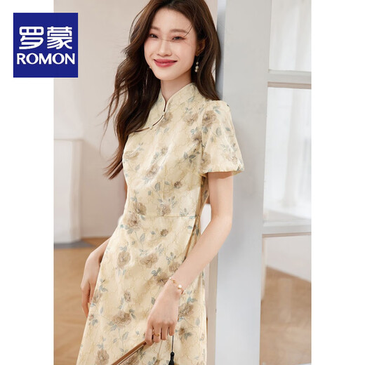 
ROMON Elegant Gold thread embroidered short-sleeved cheongsam skirt 2025 summer new style waist-hugging and slimming temperament elegant dress women's clothing 838 L