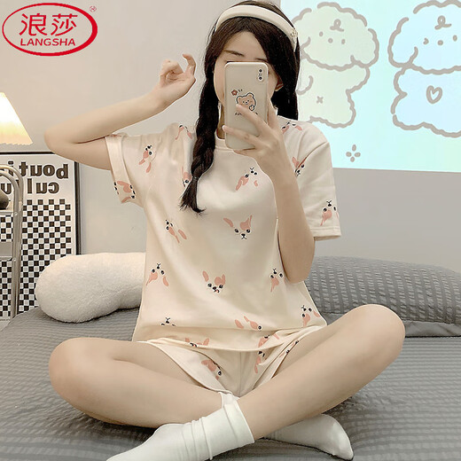 浪莎（LangSha）夏季女睡衣新款棉质夏天2025ins卡通印花圆领套头短袖爆款可外穿 1048紫兔 L (适合95-110斤)