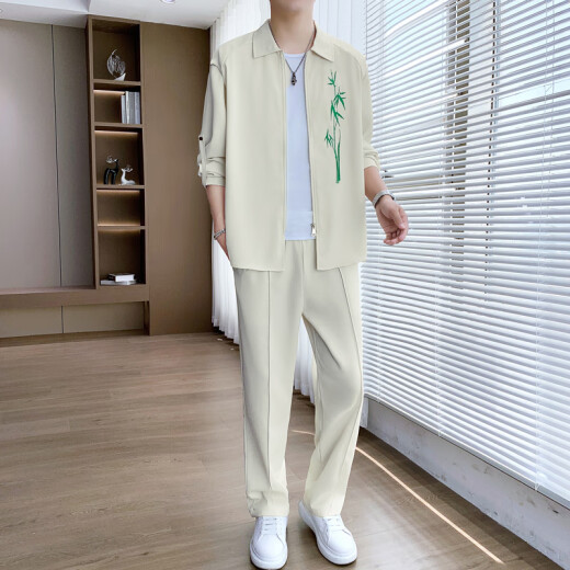 AEMAPE Fashion Whildy Shirty Summer Traje de verano para hombres Luz y guapo con pantalones delgados informales de negocios Conjunto de ropa masculina de 718 metros de blanco (mangas de siete trimestres) L Recomendado 110-130 Jin [Jin equivale a 0.5 kg]