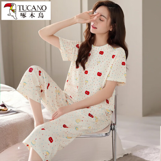 Specht Summer Pyjamas Frauen 2025 Neue Kurzarm-Kumpel Hosen Set Summer Dünn Frauen niedlicher Cartoon Home Anzug Kurzarm geschnittene Hosen-679 L Empfohlen 100-120jin [Jin gleich 0,5 kg]