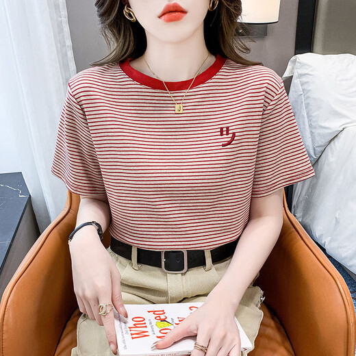 U·R·JEES香港轻奢短袖t恤女宽松韩版女装衣服2025年夏季新款百搭体恤上衣 红色 9928 M 建议95-105斤