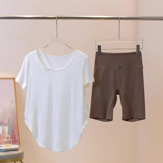 Baichao Yoga Suit Women's Summer Gym Loose Slim Covering Sports Running Pilates Top Cycling Fitness Clothes White Short Sleeves + Cocoa Color Five-Feng Pants S (Recommended 75-95Jin Jin equals 0.5kg)