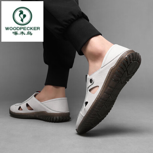 Woodpecker summer leather sandals men's soft sole soft face men's casual versatile hollow sandals hole shoes non-slip driving shoes white 6625 38