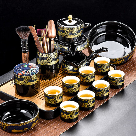 Songyun Qing Lazy Tea Set 2025 New Household Tea Drinking Artifact Ceramic Kung Fu Teacup Stone-Ground Teapot Semi-automatic Qingming Riverside Scene Automatic (6 cups) 8 heads 10 pieces