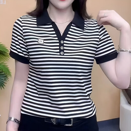 皮尔卡丹2025夏季新款时尚妈妈翻领条纹短袖T恤女polo衫休闲宽松百搭体恤 9928咖色 M 85-100斤