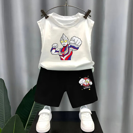 Snoopy Boys reine Baumwollhülsenweste Westeanzug für äußere Wear Ultraman Street Brat Street Boys Fünf-Punkte-Hose Zwei-teilige Fruchtgrüne Weste T983 + Schwarze Shorts T273 130 Empfohlene Höhe 120-130 cm