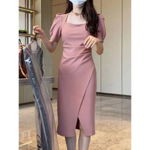 
ZIPJBX Korean version of square collar puff sleeve dress mid-length slit design hip-pack skirt 2025 summer new product Black #1048 2XL