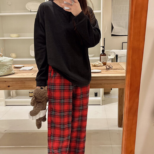 S.SOFEA Style College Girl Corean Pajamas Spring y otoño Solid Color Plaid Home Clothing H897# 175 L