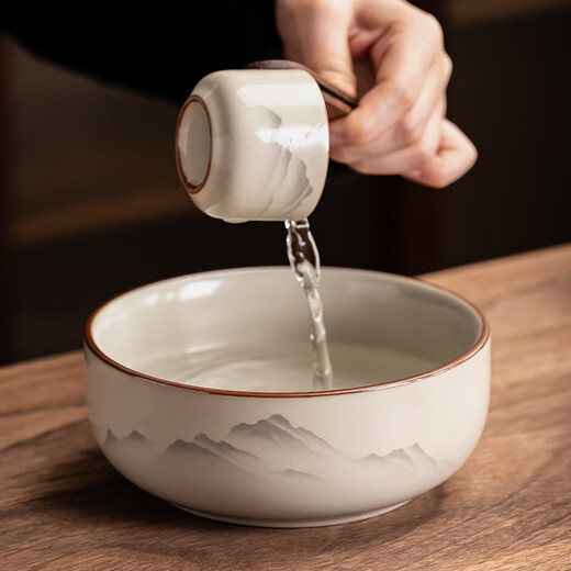 Porcelain brand tea set Guanshan automatic tea set complete set Ru kiln tea infuser complete set home gift Kung Fu tea set drainage tea tray set <Shui Mo Guan Shan> automatic tea set eight cups + tea tray