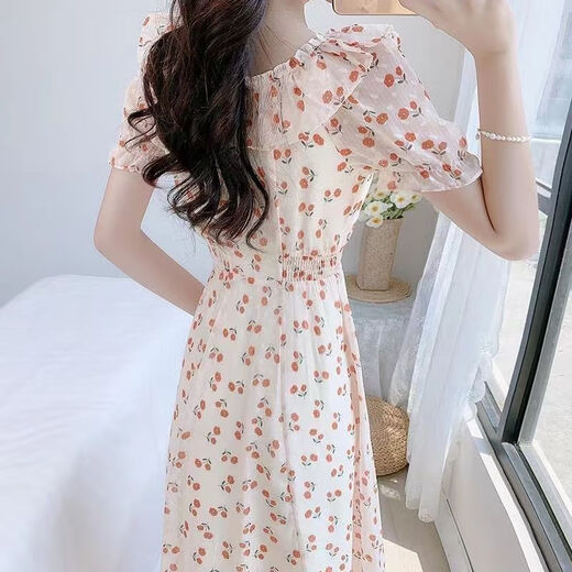 Yilizi [7027 people collect] 2025 new women's tea break French floral dress summer fresh Platycodon first love fairy apricot bottom floral M