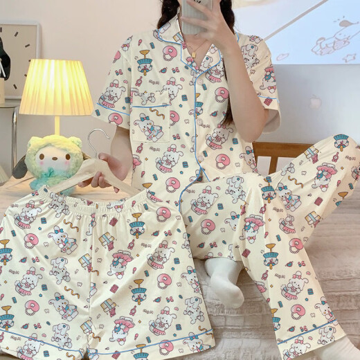 Pajama de primavera y verano de Hanrui para mujeres seda de seda de leche de dibujos animados de tres piezas ropa casera 14124 170 m
